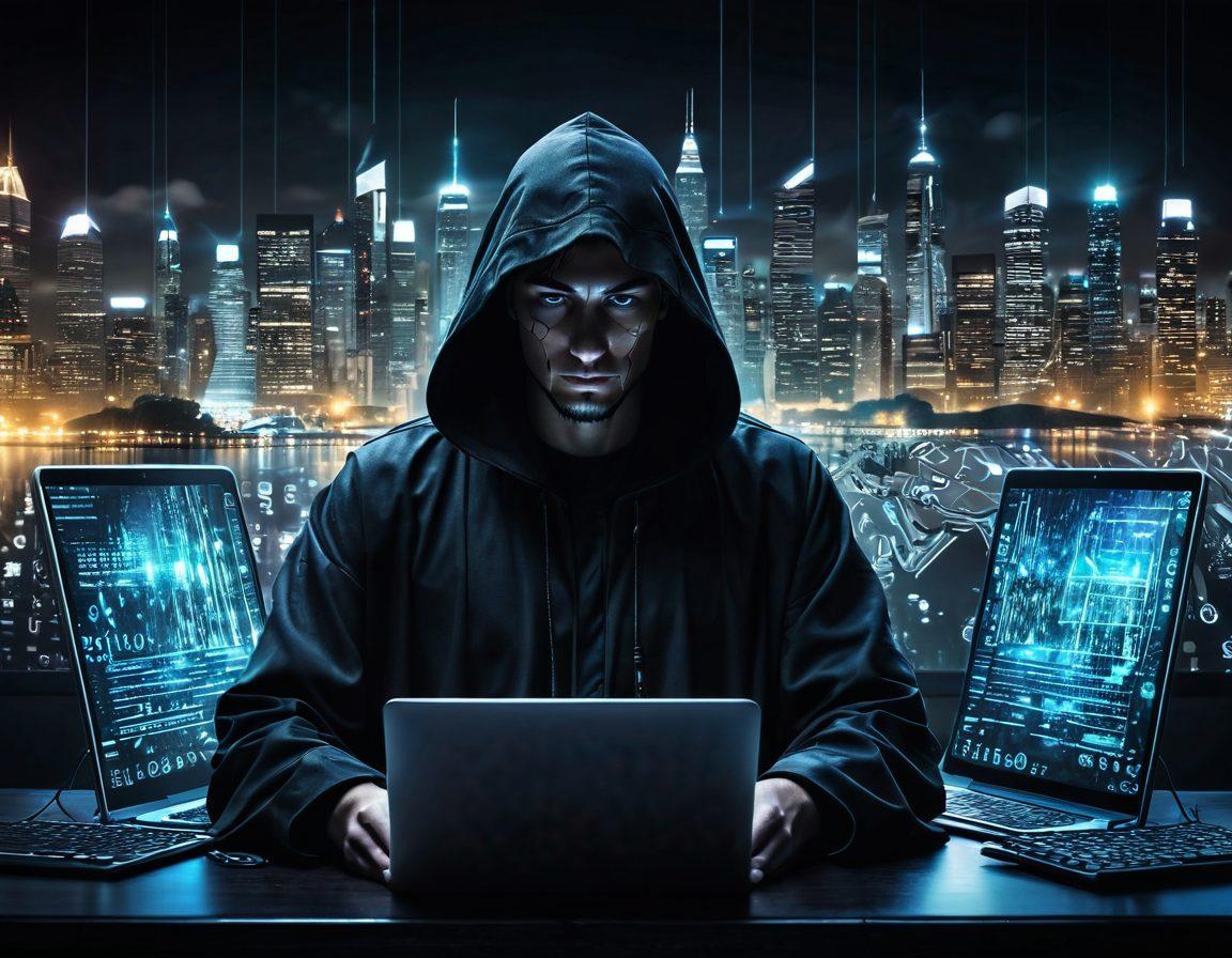 A cloaked figure in a digital landscape, surrounded by swirling binary code and symbols of privacy like locks and shields, as a representation of anonymity. The background depicts a blurred city skyline, emphasizing the contrast between digital freedom and surveillance. Soft light glows from a laptop in front of the figure, symbolizing hidden knowledge and security. Encompassing the scene, a network of connected devices symbolizes comprehensive online protection. vibrant colors. cyberpunk.
