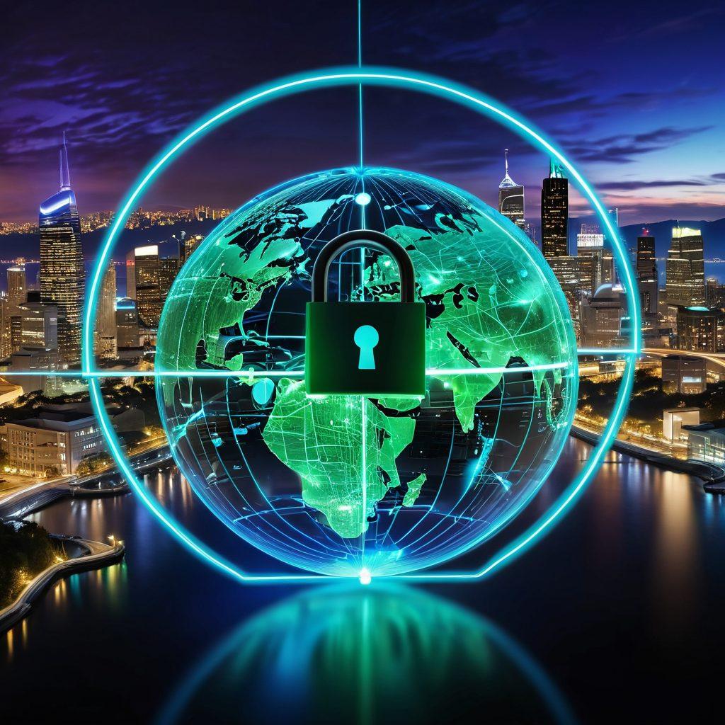 A digital landscape featuring a lock symbol superimposed over a globe, representing secure internet access. Include interconnected servers as proxies with glowing lines indicating data flow, symbolizing enhanced data confidentiality. Use a futuristic city skyline in the background to symbolize technology and security, with a vibrant blue and green color palette. super-realistic. vibrant colors. digital art.