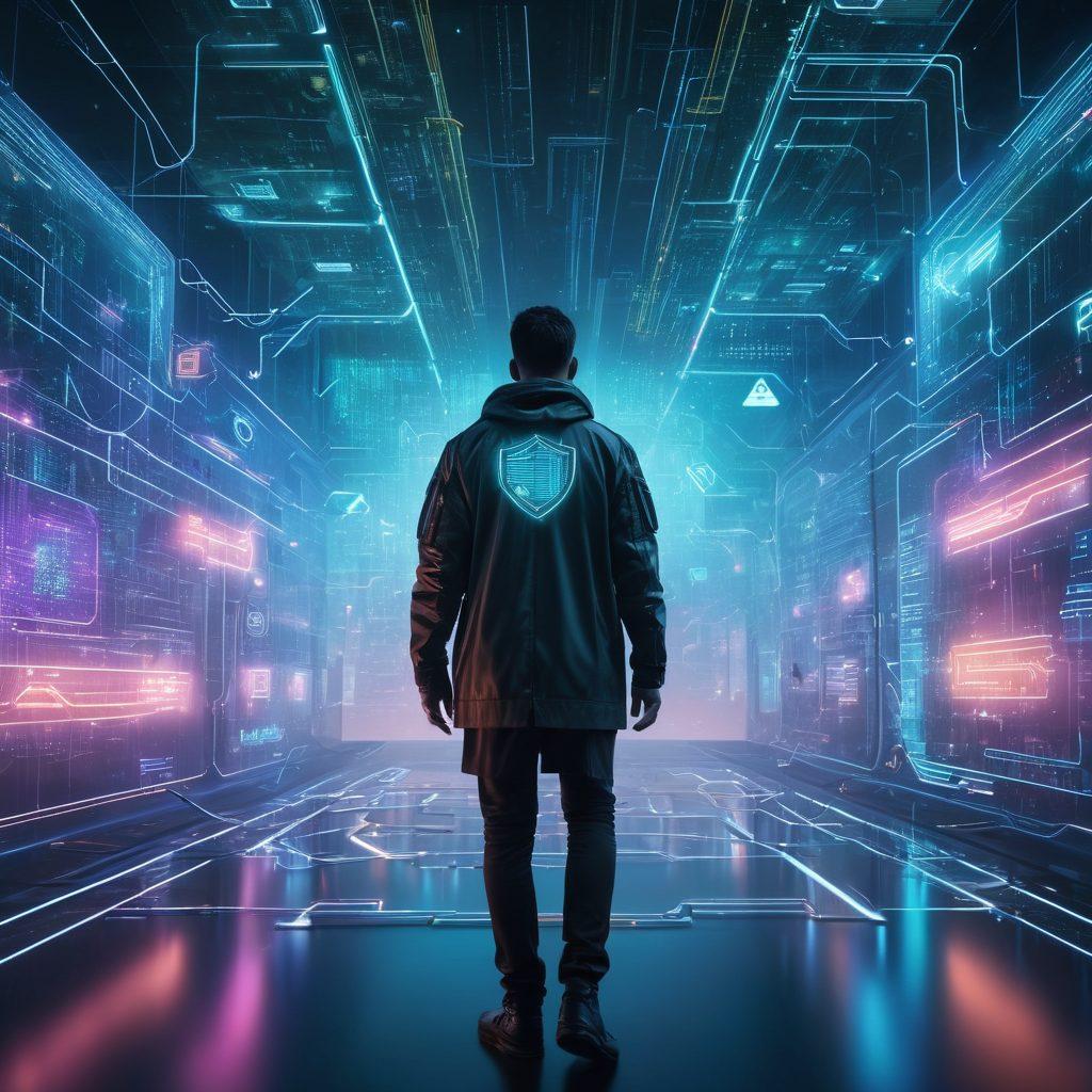 A futuristic digital landscape showcasing various full download services as floating data clouds, symbolizing enhanced privacy. Include a person navigating through this vibrant, translucent environment with a shield icon representing safety. Background features abstract circuitry and binary codes to emphasize technology. The overall feel should be sleek and dynamic. super-realistic. vibrant colors. cyberpunk.